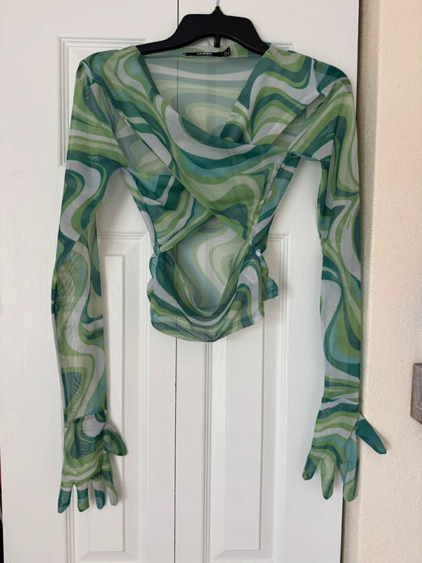 Jaded London Swirl Print Wrap Over Mesh Top With Gloves