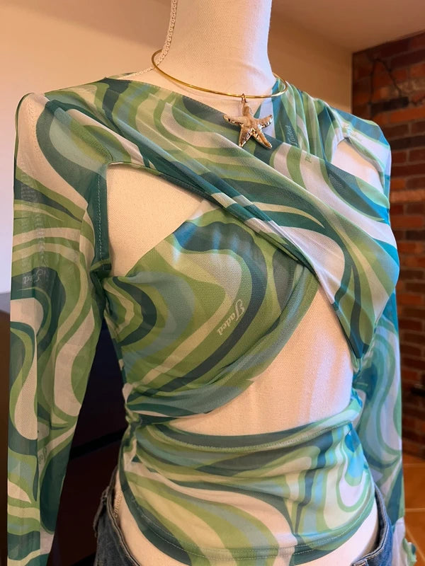 Jaded London Swirl Print Wrap Over Mesh Top With Gloves
